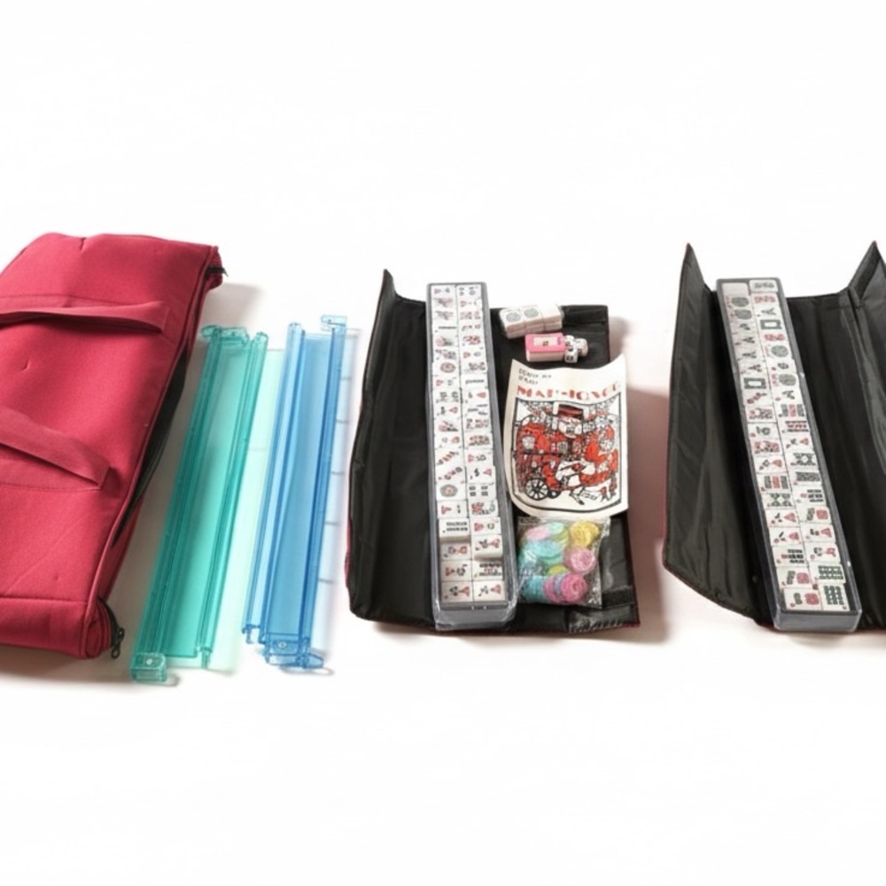 Mahjong Set with Red Carrying Case. 155 tiles. 1 1/8 in x 7/8 in. 2 racks